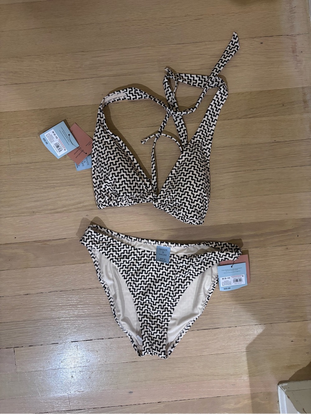 Shade & Shore Black and Cream Geometric Triangle Bikini Set Size Medium NWT